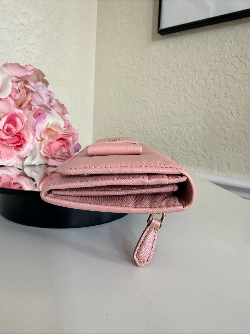Pink Prada Saffiano leather long wallet flap closure with bow